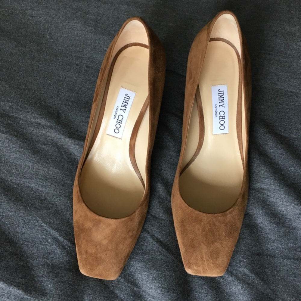 Jimmy Choo Brown Suede Square Pointed Toe Heels